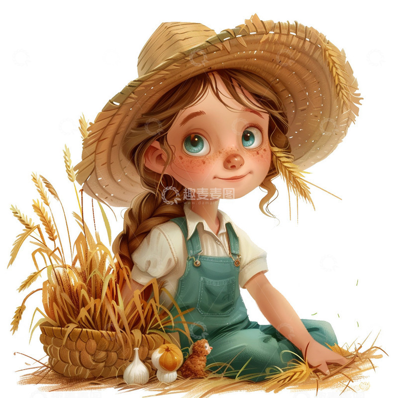 高清大图下载【趣麦麦图】收获麦穗的小女孩