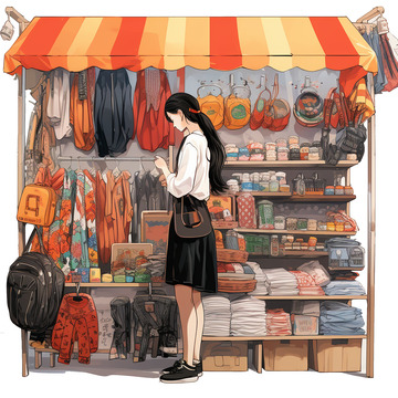 游客光顾服装摊位插画