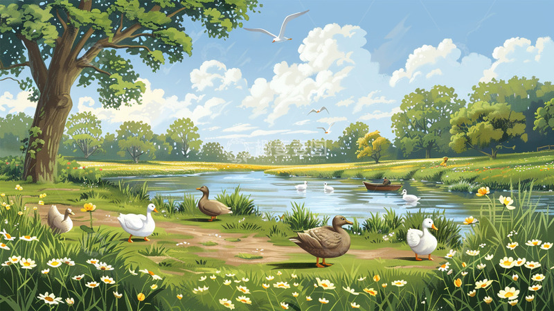 高清大图下载【趣麦麦图】荷塘鸭子植物船鲜花插画场景
