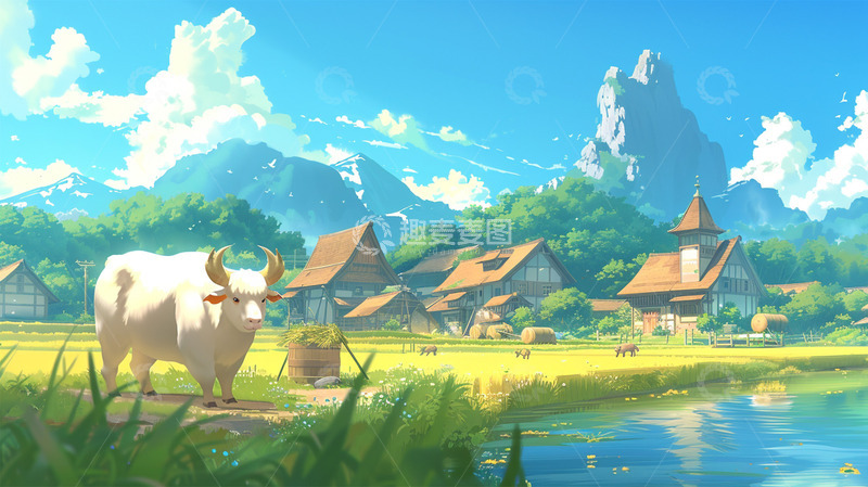 高清大图下载【趣麦麦图】山峰蓝天白云房屋建筑植物动物清新