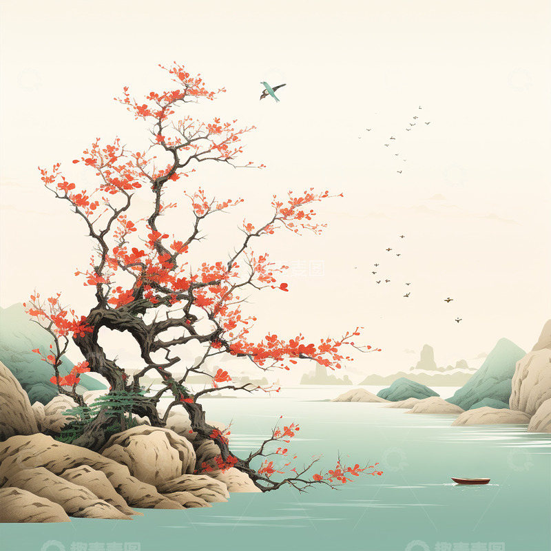 高清大图下载【趣麦麦图】国风岸边红叶树