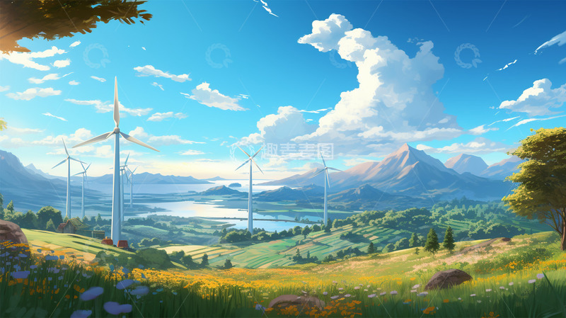 高清大图下载【趣麦麦图】蓝天白云山水风车田地风景唯美
