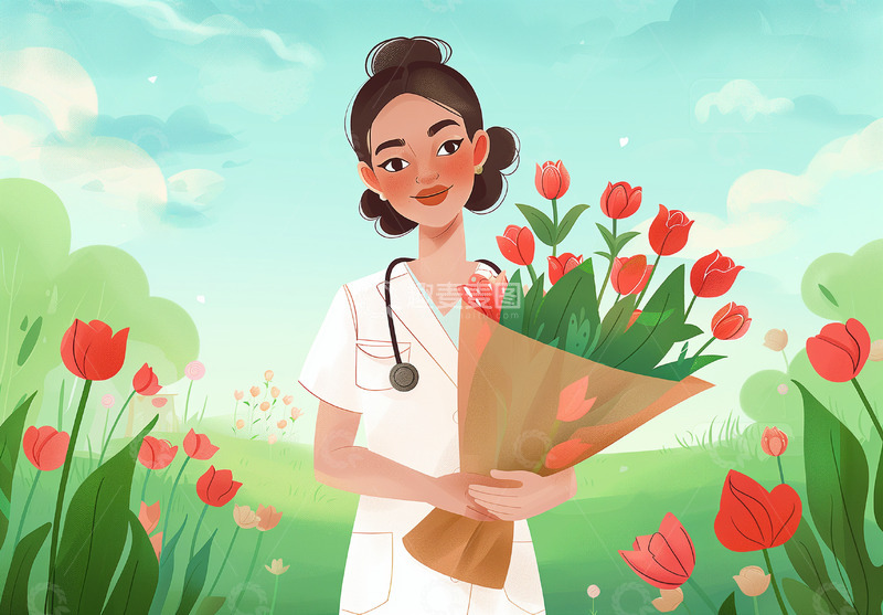 高清大图下载【趣麦麦图】护士节护士鲜花插画背景