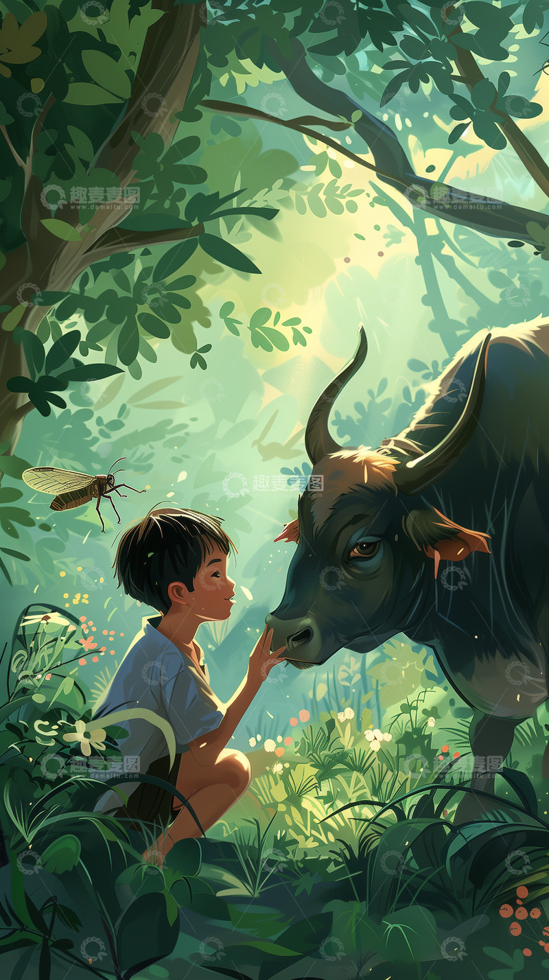 高清大图下载【趣麦麦图】夏天男孩放牛插画背景