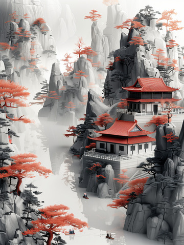 国潮古风山水建筑背景