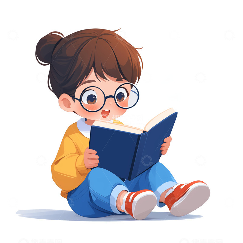 高清大图下载【趣麦麦图】卡通插画女孩坐着看书素材