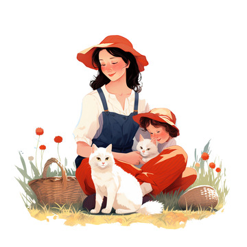 母女和动物郊游场景