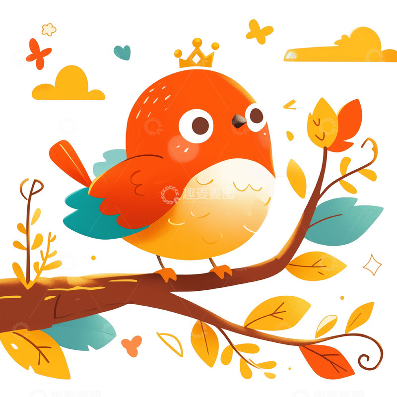 高清大图下载【趣麦麦图】卡通站在树上的小鸟素材