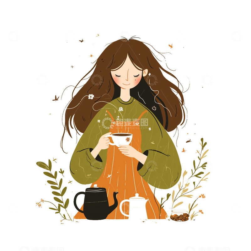 高清大图下载【趣麦麦图】春日阳光汉服泡茶女孩扁平插画