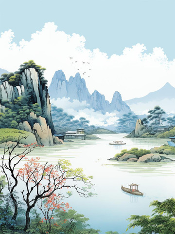 高山流水行舟花鸟美景图