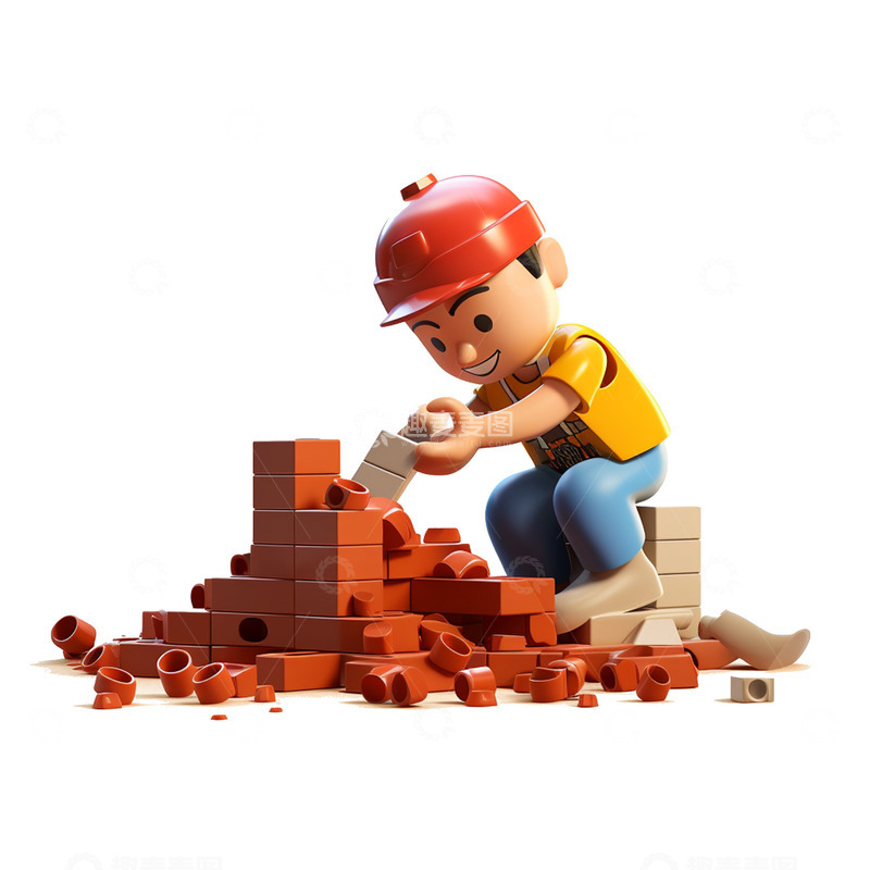 积木建筑工人砌砖劳动节元素