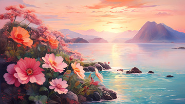 粉色背景浪漫大海鲜花