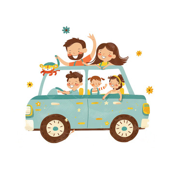 一家人乘坐小汽车出游