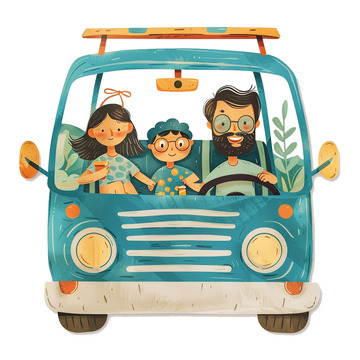 卡通一家人假期开车出游