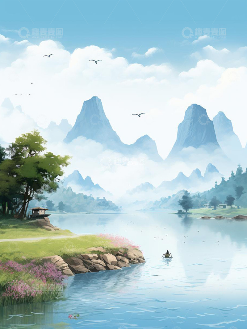 高清大图下载【趣麦麦图】高山云雾流水行舟出行山水风景图