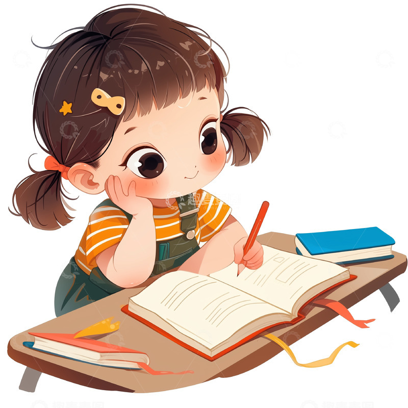 卡通写作业女孩插画风格