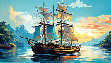 大海帆船夕阳美景
