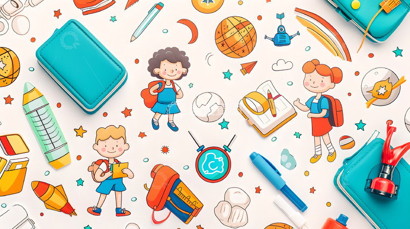 高清大图下载【趣麦麦图】卡通儿童文具主题图案背景
