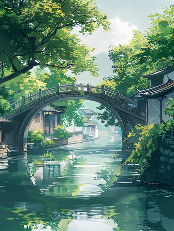 古镇拱桥插画背景