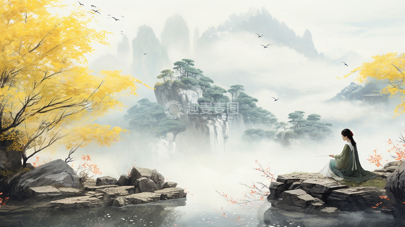 中国风场景人物植物云雾唯美