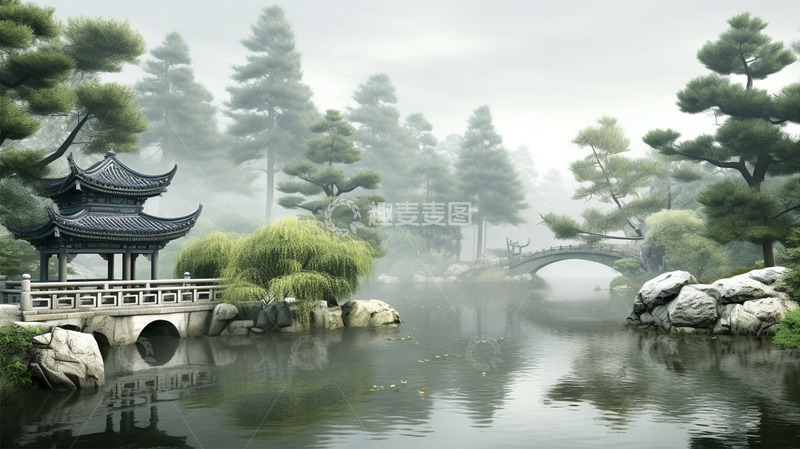 高清大图下载【趣麦麦图】中国风建筑凉亭唯美场景植物