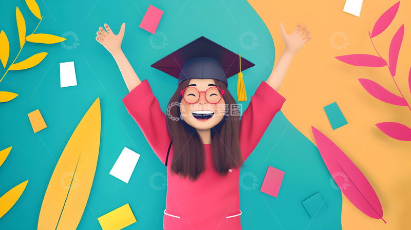 高清大图下载【趣麦麦图】毕业季女生头戴学士帽庆祝简约背景
