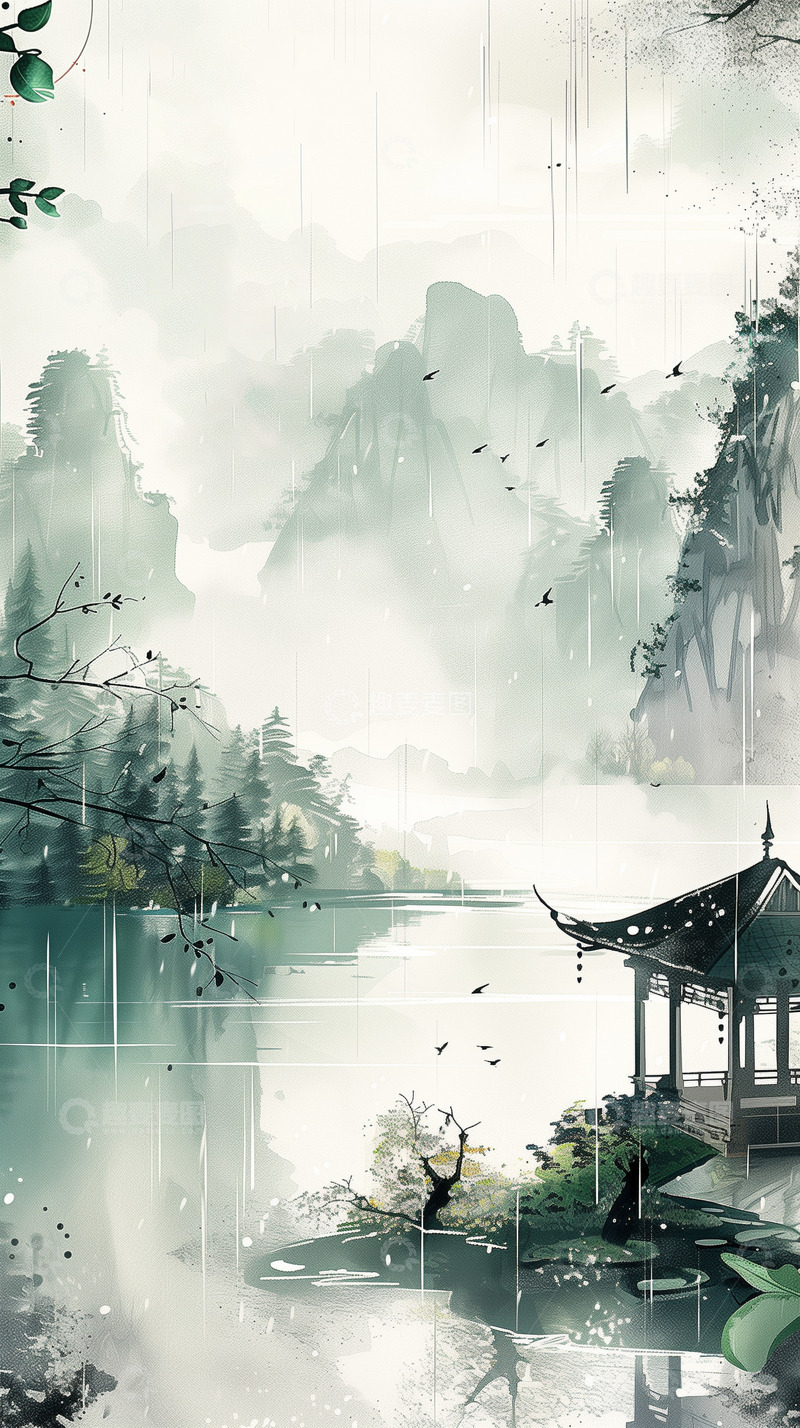 高清大图下载【趣麦麦图】-古风水墨画下雨背景