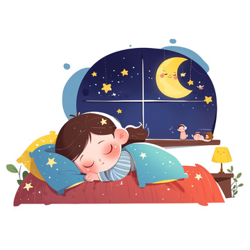 夜晚熟睡的卡通女孩素材