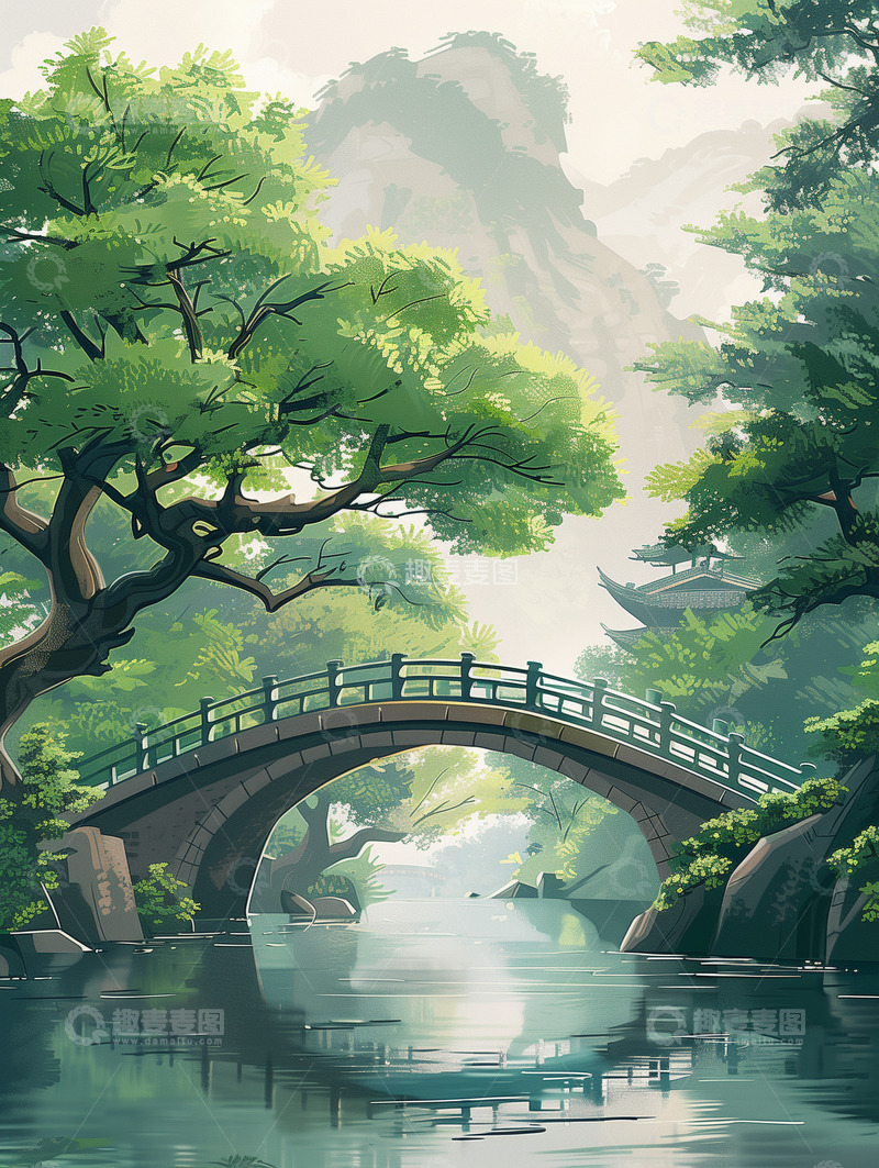 高清大图下载【趣麦麦图】江南古镇小桥插画背景