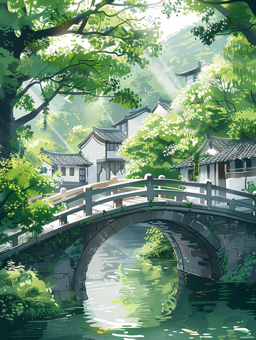 古镇春天插画背景