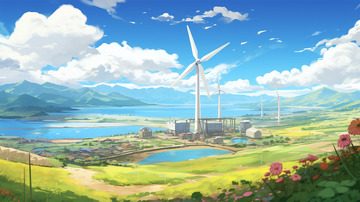 海边风车蓝天白云村庄唯美插画