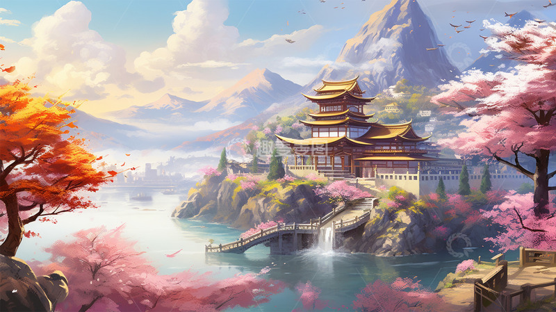 高清大图下载【趣麦麦图】中国风建筑山峰粉色山水清新场景