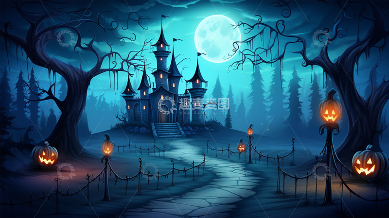 高清大图下载【趣麦麦图】万圣节南瓜城堡枯树恐怖神秘月亮卡通场景