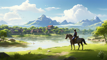 骑马人物蓝天白云山峰中式建筑植物场景