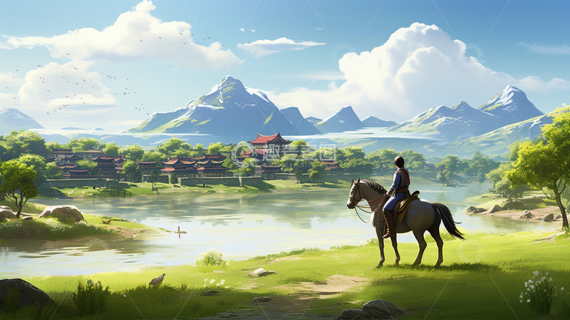 高清大图下载【趣麦麦图】骑马人物蓝天白云山峰中式建筑植物场景
