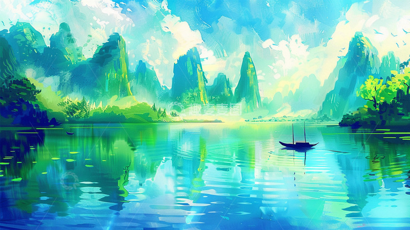 高清大图下载【趣麦麦图】山水船绿色蓝色唯美场景插画