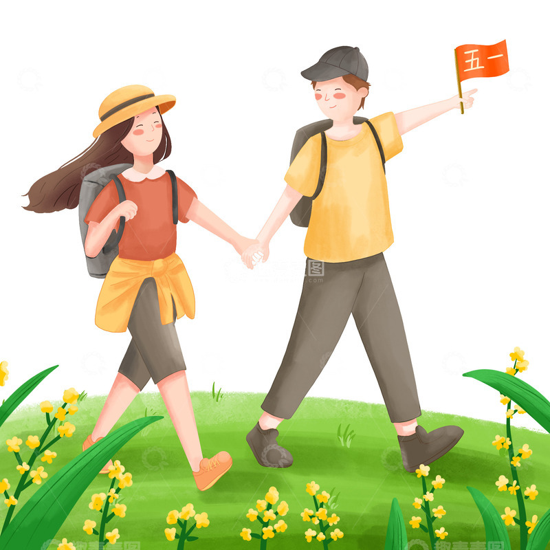 五一出游郊游草地旅游场景手绘卡通
