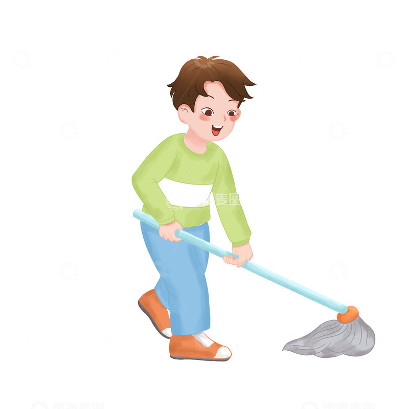 儿童劳动拖地打扫卫生手绘卡通五一