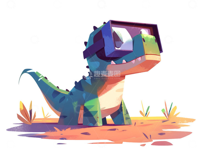 高清大图下载【趣麦麦图】带着vr眼镜的可爱小恐龙趣味插图