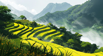 梯田农田山峦背景