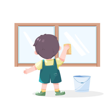 劳动节儿童打扫擦玻璃场景