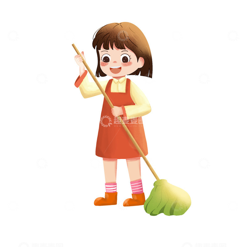 儿童劳动打扫扫地拖地手绘卡通