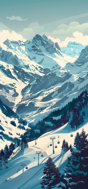 雪山缆车插画背景