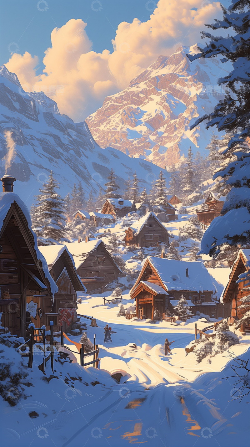 高清大图下载【趣麦麦图】冬季村庄山村山脉背景