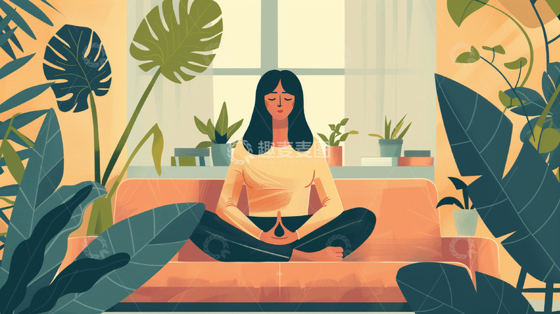 高清大图下载【趣麦麦图】女孩室内瑜伽插画背景