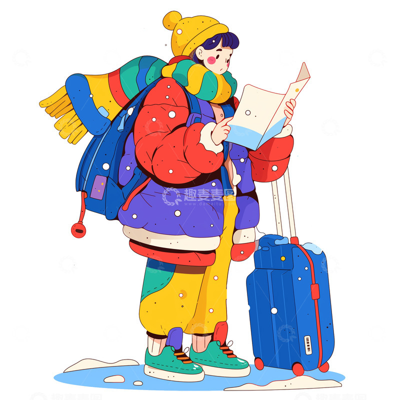 高清大图下载【趣麦麦图】冬季外出旅行卡通插画人物