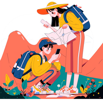户外郊游卡通人物插画素材
