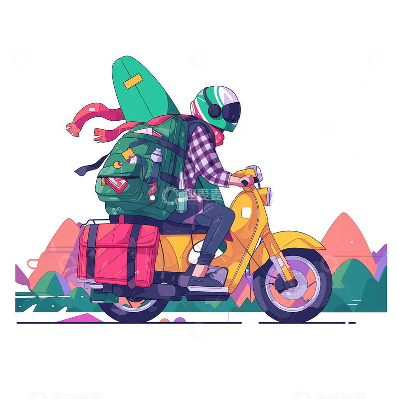 高清大图下载【趣麦麦图】骑摩托外出度假卡通人物素材