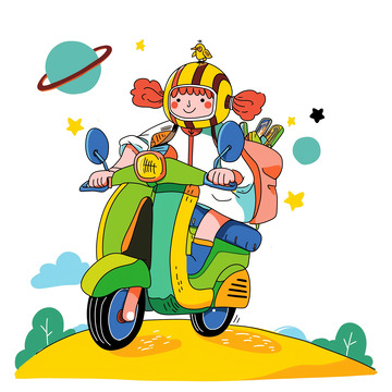 骑摩托外出郊游卡通人物形象