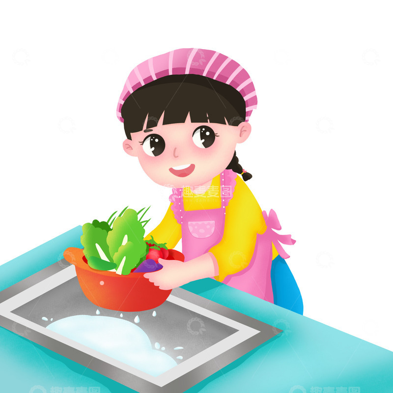 洗菜的小女孩儿童劳动场景
